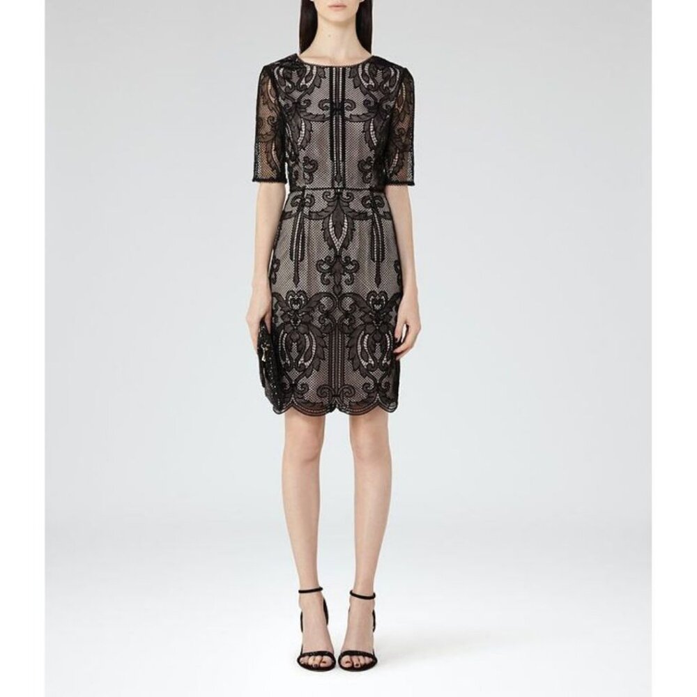 Reiss Zola Overlay Lace Dress Black Size US 6/ UK 10